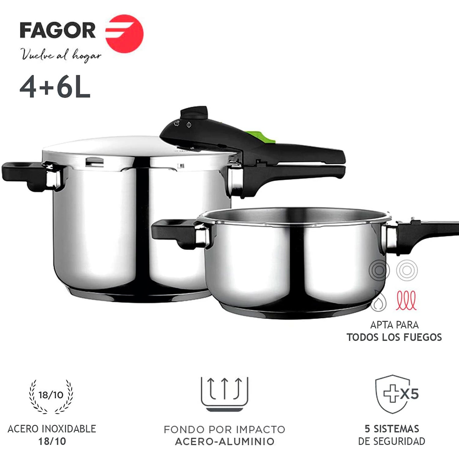 Olla A Presión 6 + 4 Litros, Inducción, Express Super Rápida, Acero Inox. 18/10, Todas Cocinas Fagor Fagor Rapid Xpress 6/4 Plata, 81opfgrap46