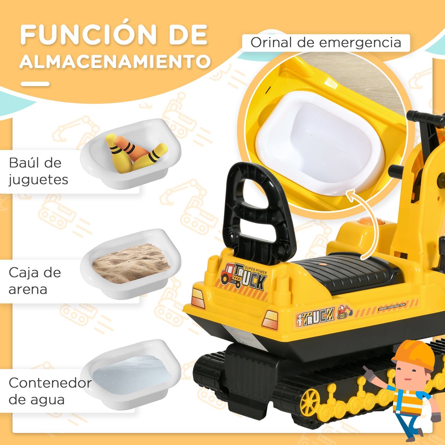 Homcom Excavadora Sin Pedales Para Niños Con Brazo Móvil 78x24x58,5 Cm Amarillo_5