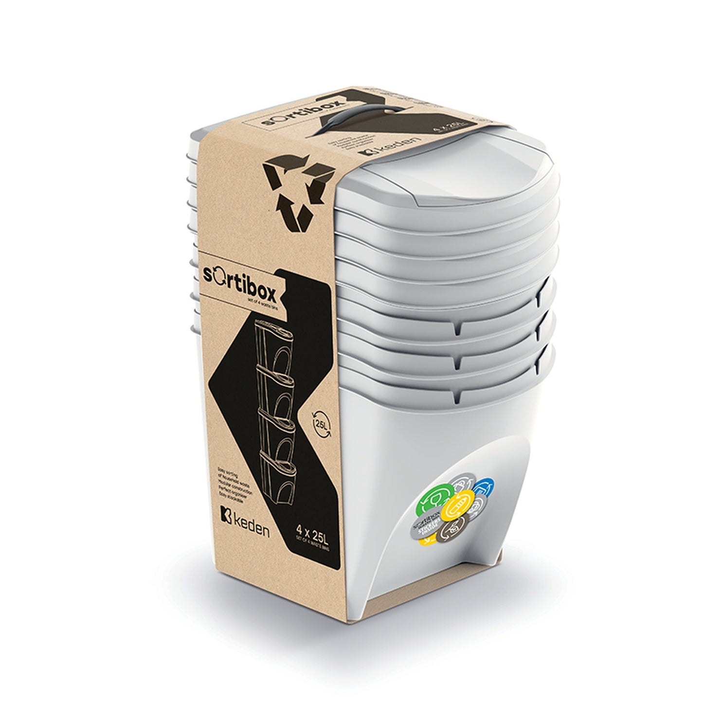 Set De 4 Cubos De Basura Keden Sortibox Papelera Reciclaje, Blanco Roto, Volumen 4x25l_4