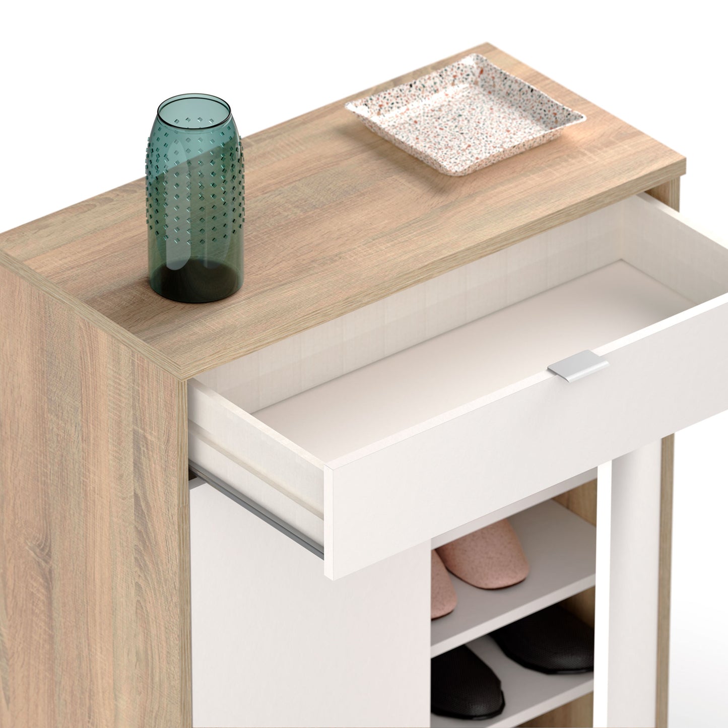 Zapatero Entrada Recibidor, Mueble Auxiliar Estrecho Zapatos, 2 Puertas, 1 Cajón 101x75x36 Cm, Briebe, Domus, Blanco