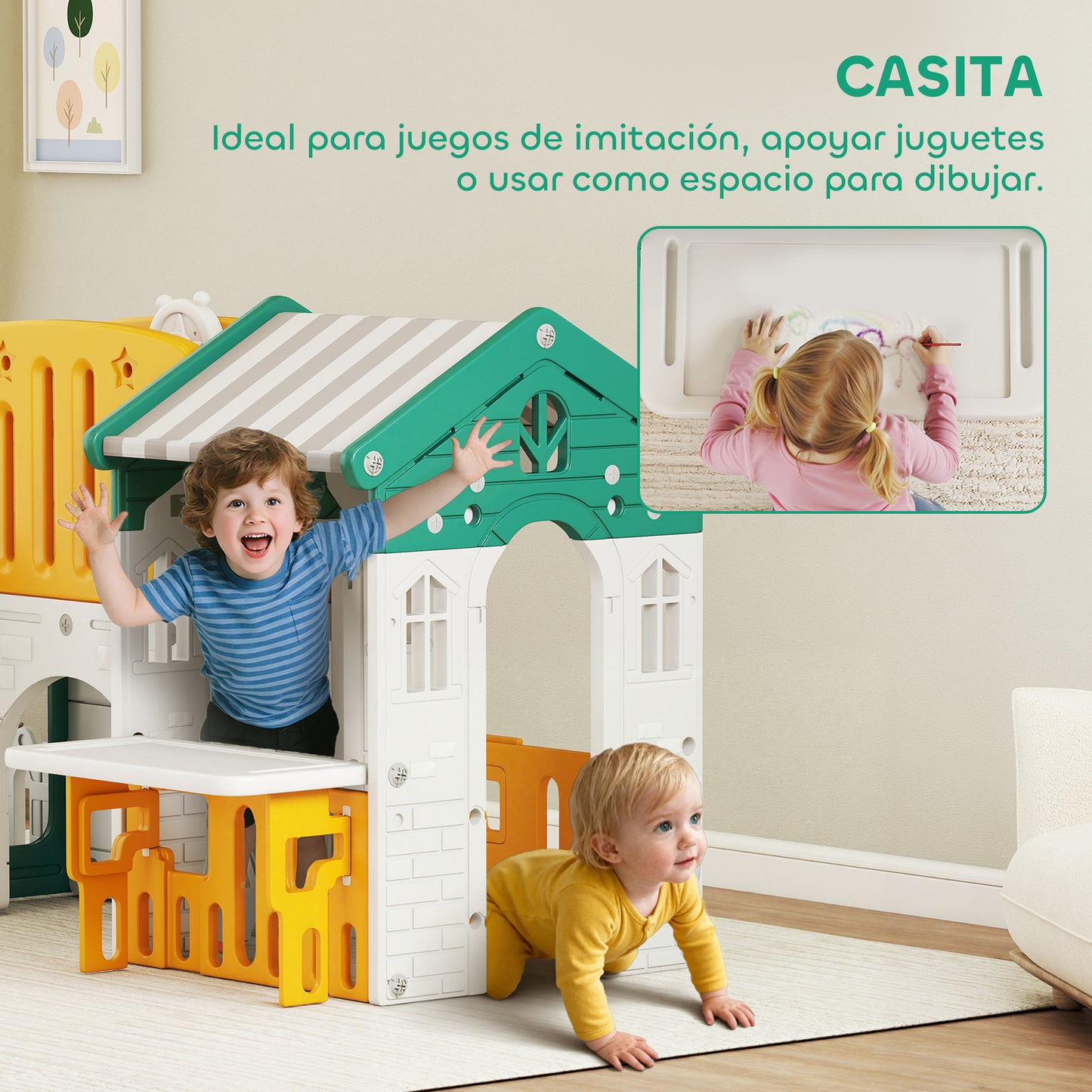 Aiyaplay Tobogán Infantil 7 En 1 Con Caseta Para Niños Amarillo Y Verde_5
