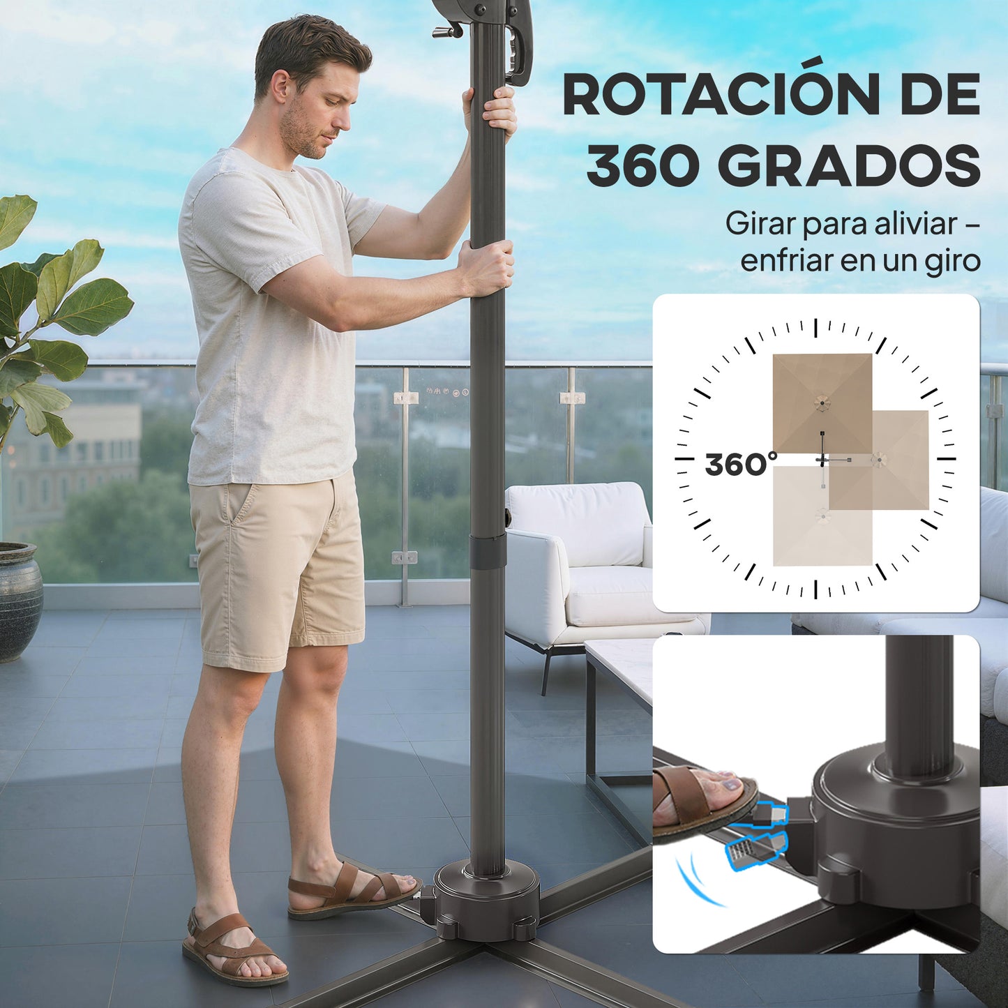 Outsunny Sombrilla De Jardín 2,9x2,9 M Con Manivela Inclinación Ajustable Caqui_5