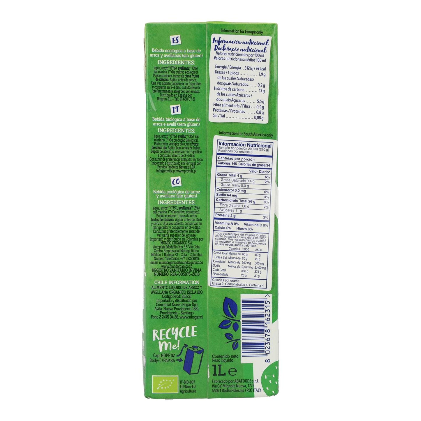 Pack 6x Bebida BIO Arroz y Avellana, Isola Bio, 1 L