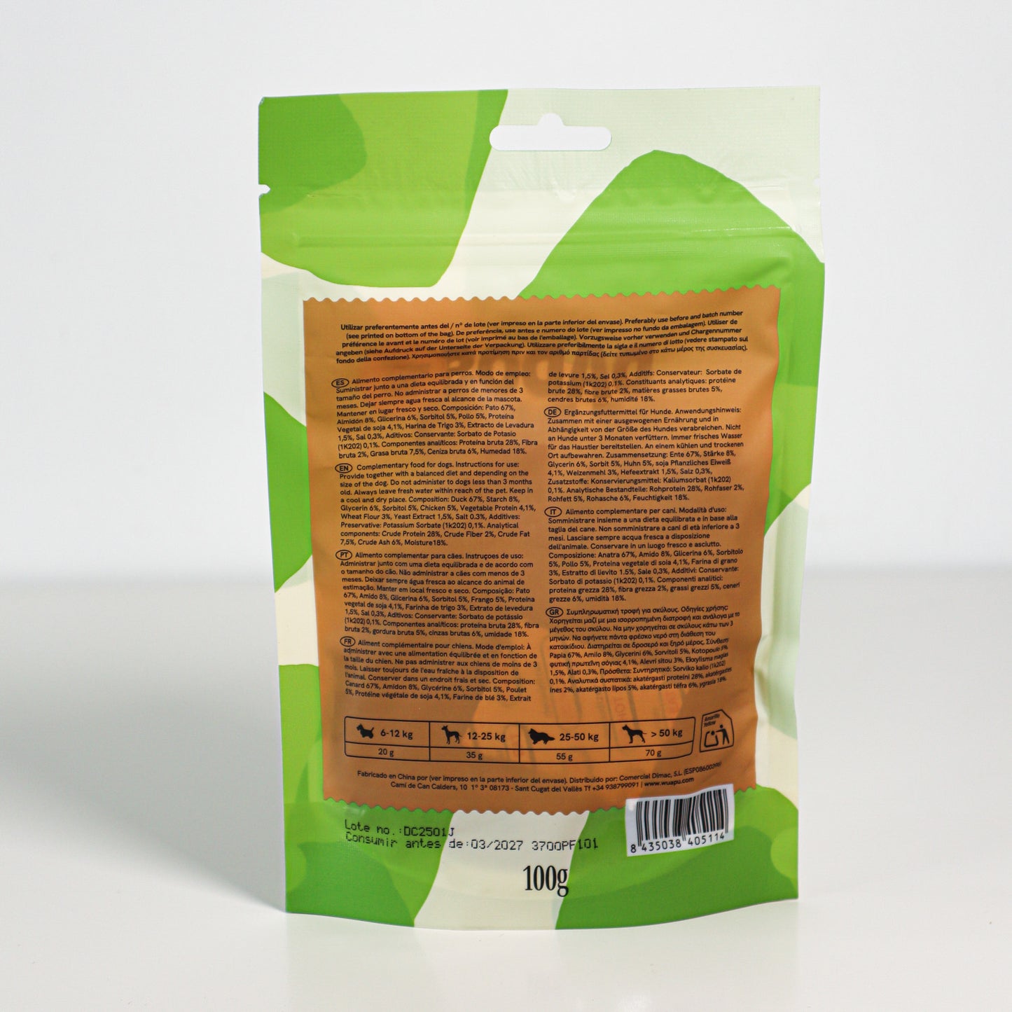 Snack Natual Para Perro 67% Carne De Pato En Dados 12 Paq X(100gr) Wuapu