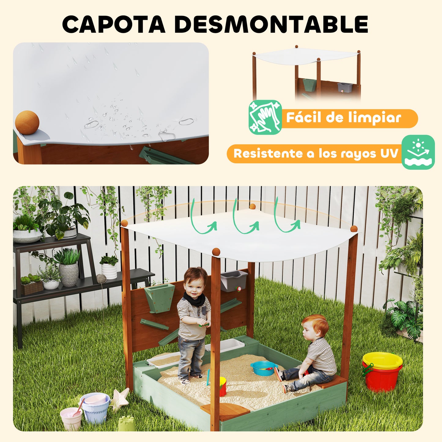 Aiyaplay Arenero Para Niños De Madera Con Techo Asientos 116x112,5x128 Cm Verde_5