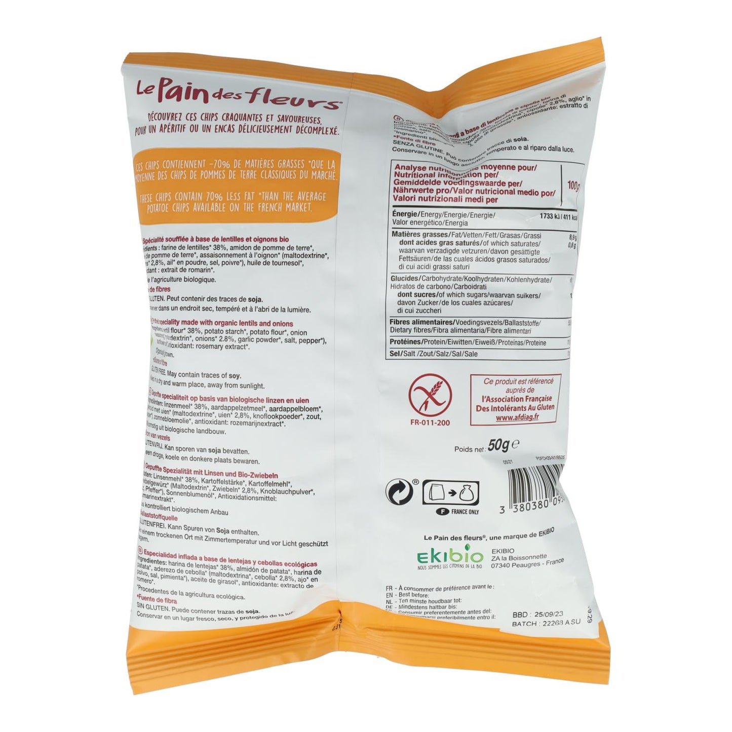 Chips de Lentejas con cebolla sin gluten Le Pain des Fleurs 50 g