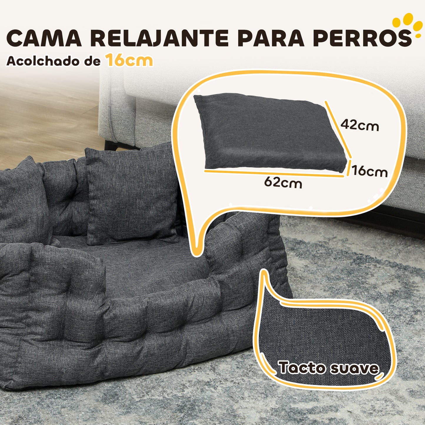 Pawhut Cama Para Perros Pequeños Con 2 Almohadas Antideslizante 70x50x30cm Gris_5