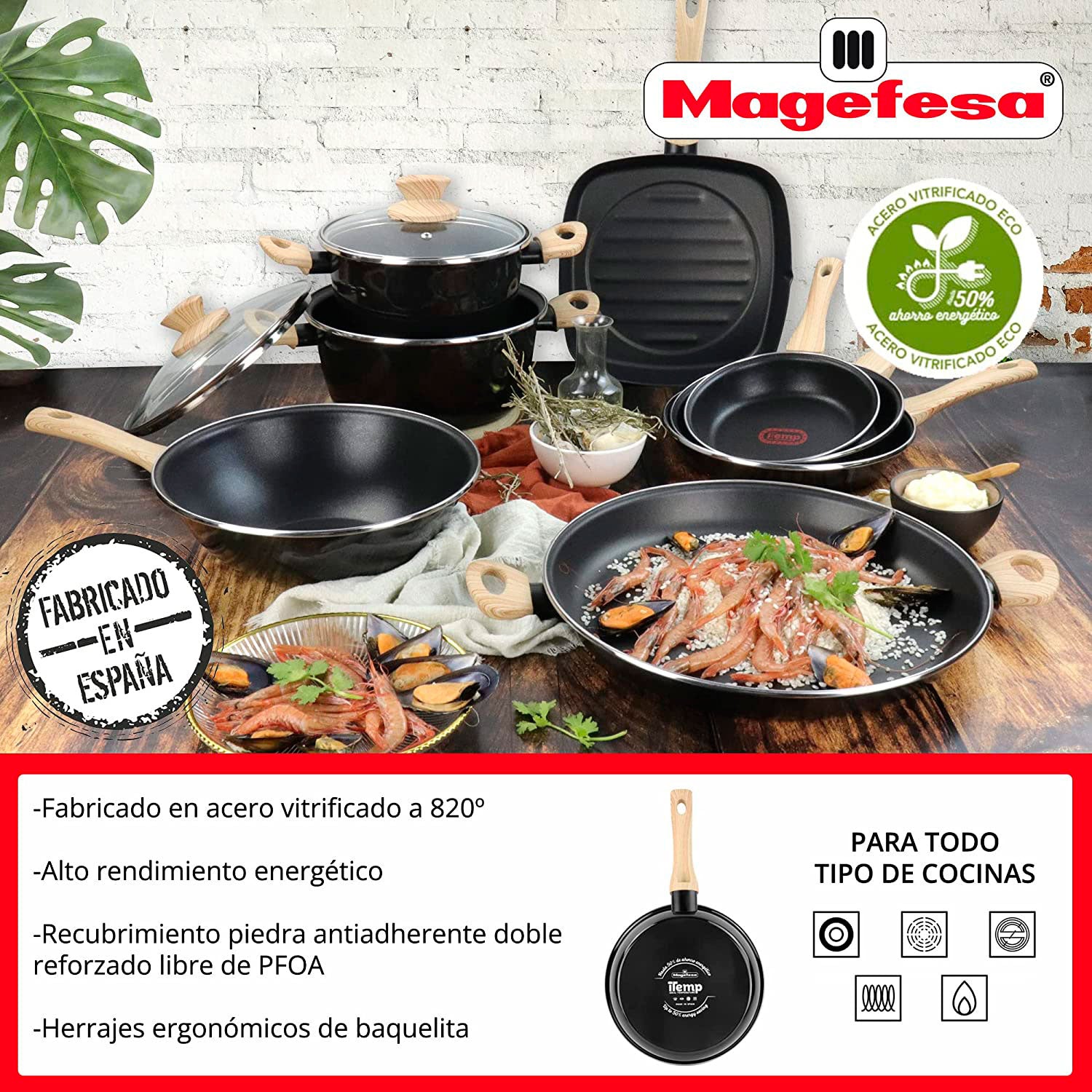Batería Cocina Inducción 6 Piezas, Antiadherente Libre Pfoa, Exterior Negro Asas Efecto Madera Magefesa Orbe, Negro