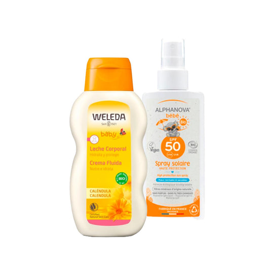 PACK VERANO  Protector Solar  Ecológico Bebé SPF 50 Alphanova 125 ml + Leche Corporal de Caléndula Weleda, 200ml