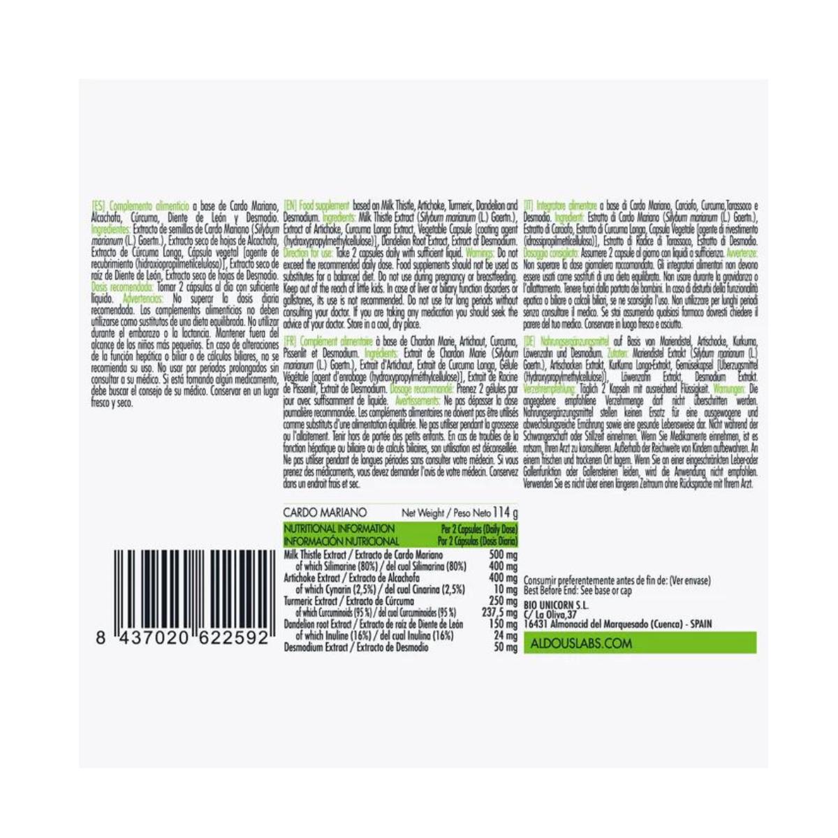 Cardo Mariano con Alcachofa, Cúrcuma, Diente de León y Desmodium 150cap. Aldous Labs