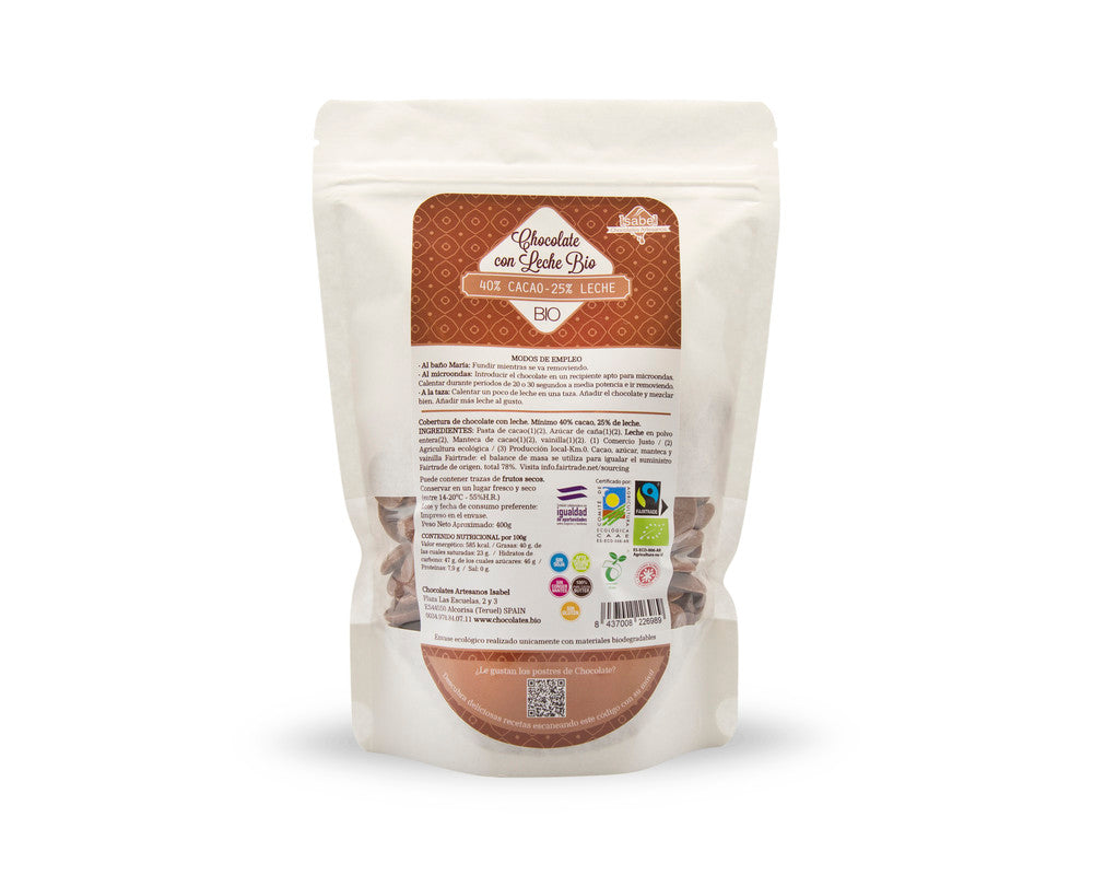 GOTAS DE COBERTURA BIO DE CHOCOLATE LECHE, 39% CACAO, 25% LECHE. 400 GRS._0