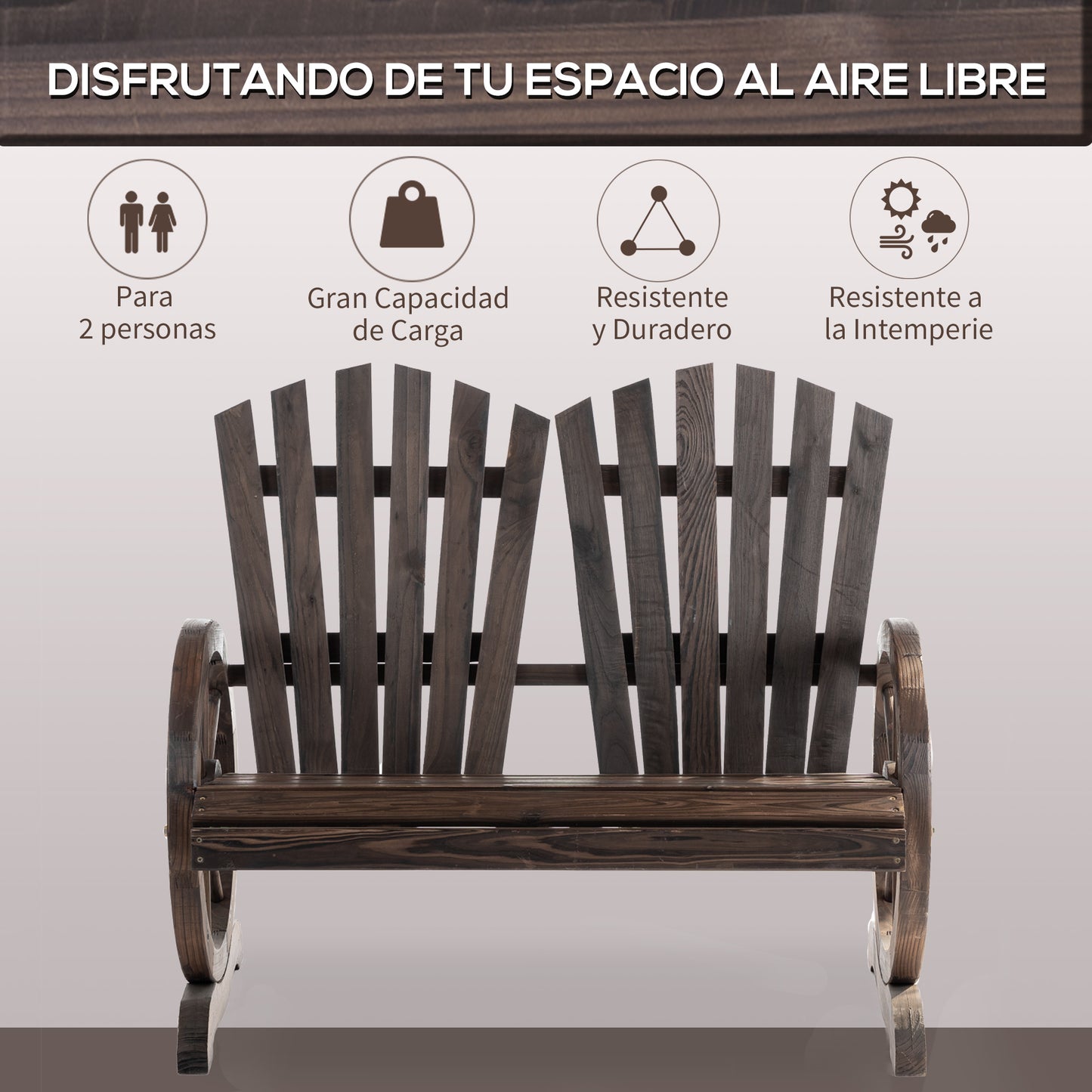 Outsunny Banco De Madera Con Apoyabrazos En Forma De Rueda 108x66x95 Cm Marrón_5