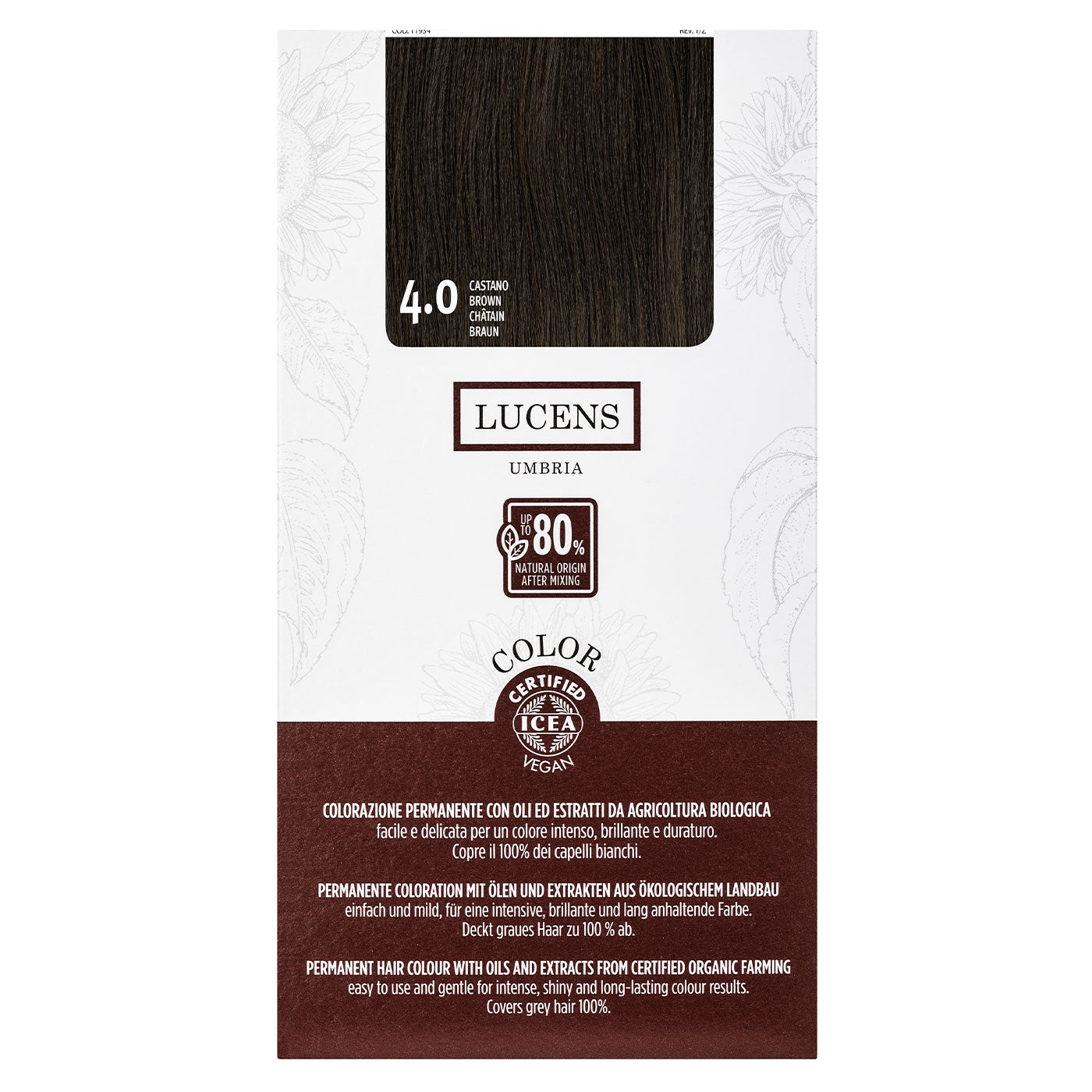 Lucens Umbria - Coloración permanente 4.0 castaño, sin amoniaco, ingredientes naturales, 50 ml_0