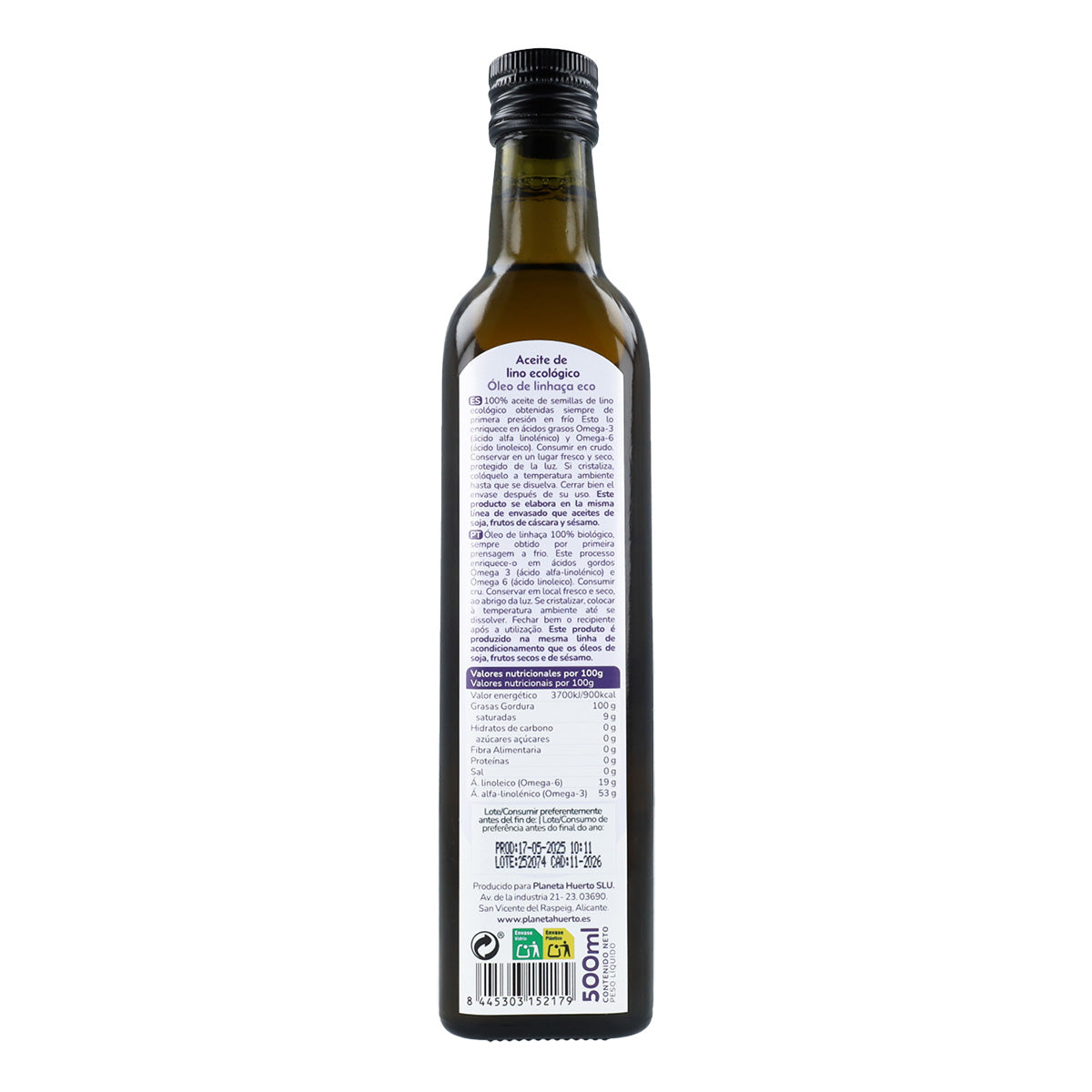 Aceite de Lino prensado en frío  ECO Planeta Huerto 500 ml
