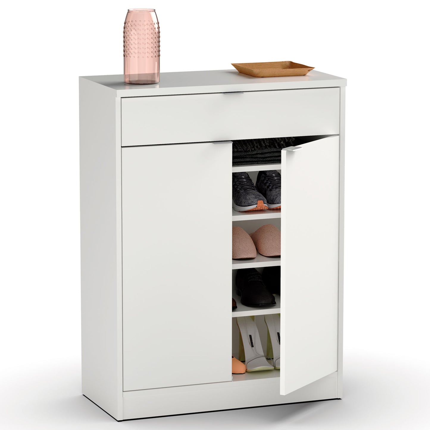 Zapatero Entrada Recibidor, Mueble Auxiliar Estrecho Zapatos, 2 Puertas, 1 Cajón 101x75x36 Cm, Briebe, Domus, Blanco
