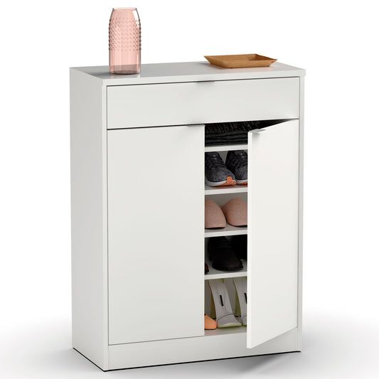 Zapatero Entrada Recibidor, Mueble Auxiliar Estrecho Zapatos, 2 Puertas, 1 Cajón 101x75x36 Cm, Briebe, Domus, Blanco