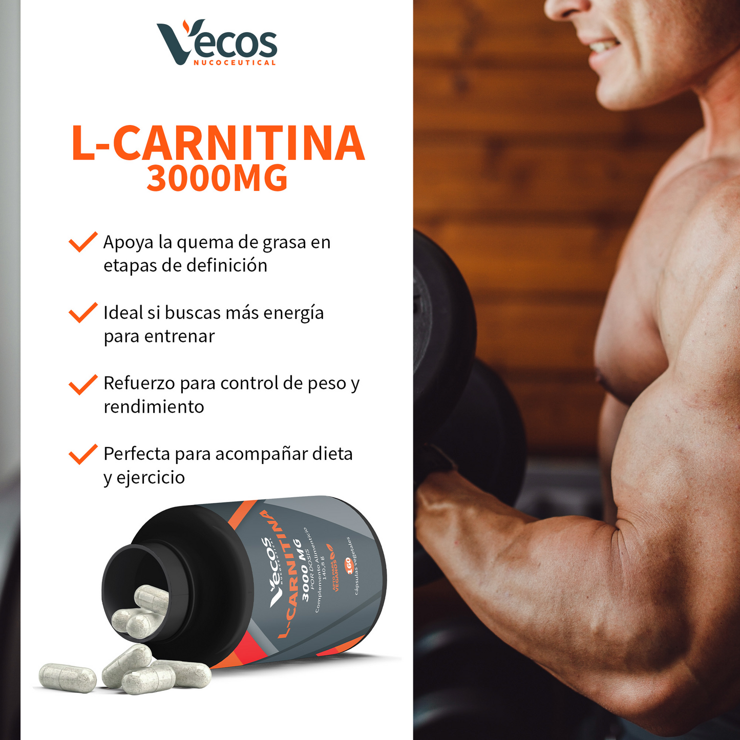 L-carnitina Pura 3000 Mg Vecos 160 Cápsulas | Quema De Grasas, Energía Y Resistencia_3