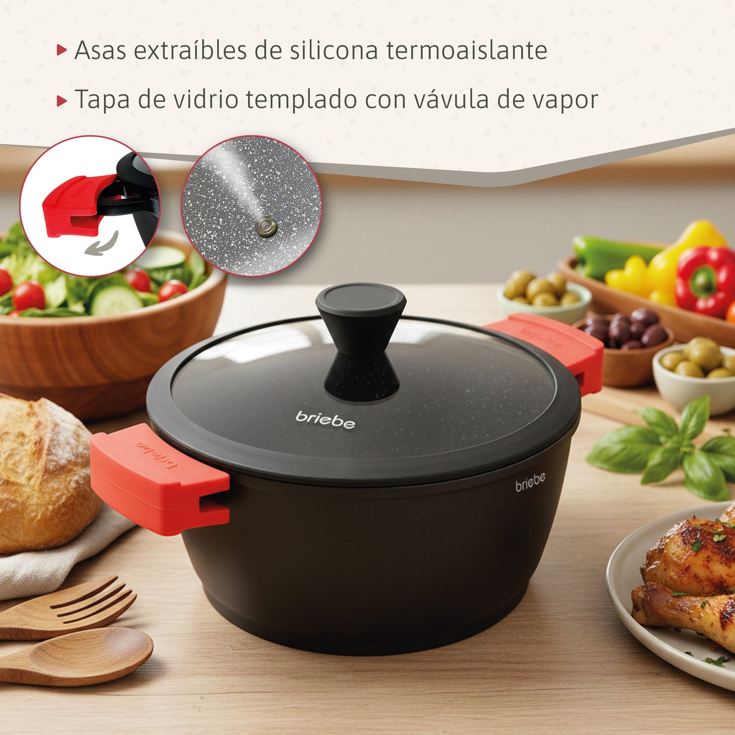 Briebe Cacerola Cocina Inducción Antiadherente Titanio, Cazuela 24cm, Aluminio Fundido Sin Pfoa, Tapa, Black Titanium_5