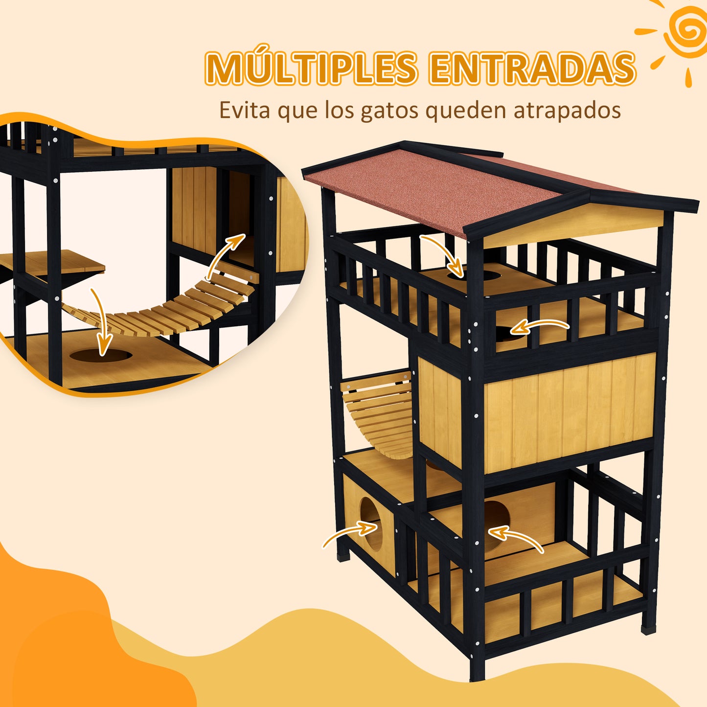 Pawhut Caseta Para Gatos De Madera 84x60x116 Cm Con Puente Colgante Natural_5