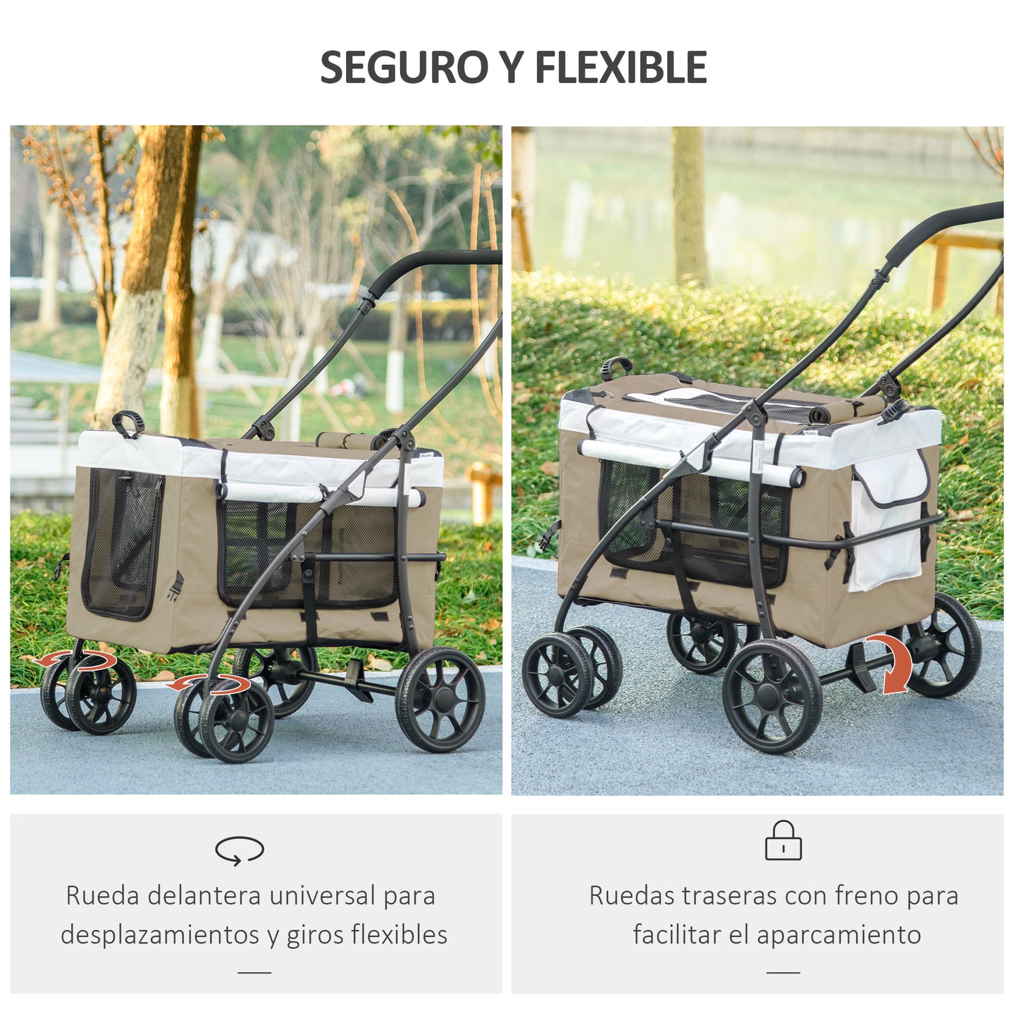 Pawhut Carrito Para Perros Plegable Con Vagón Desmontable Y Cojín Caqui_5