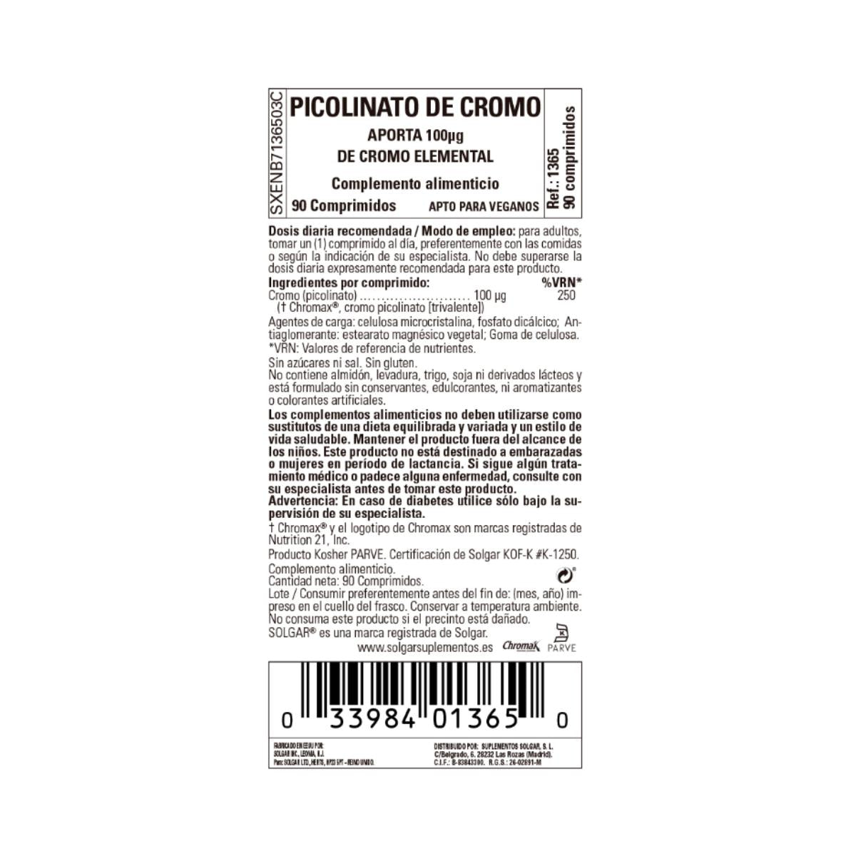 Picolinato de cromo sin levadura 90 cápsulas Solgar