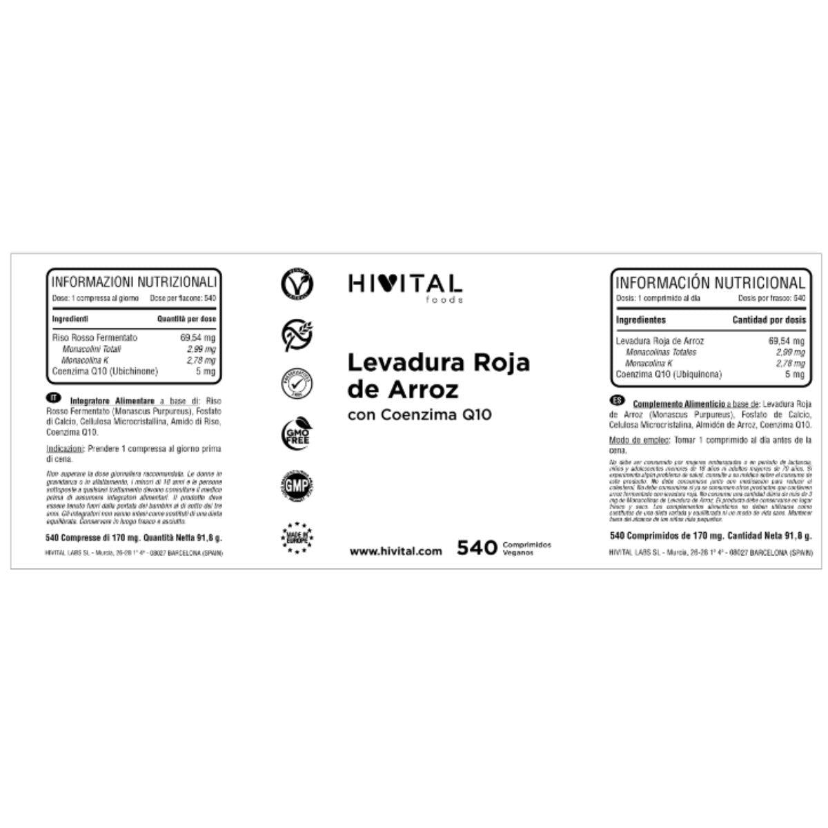 Levadura de Arroz Rojo con Coenzima Q10 Hivital 540 cápsulas veganas