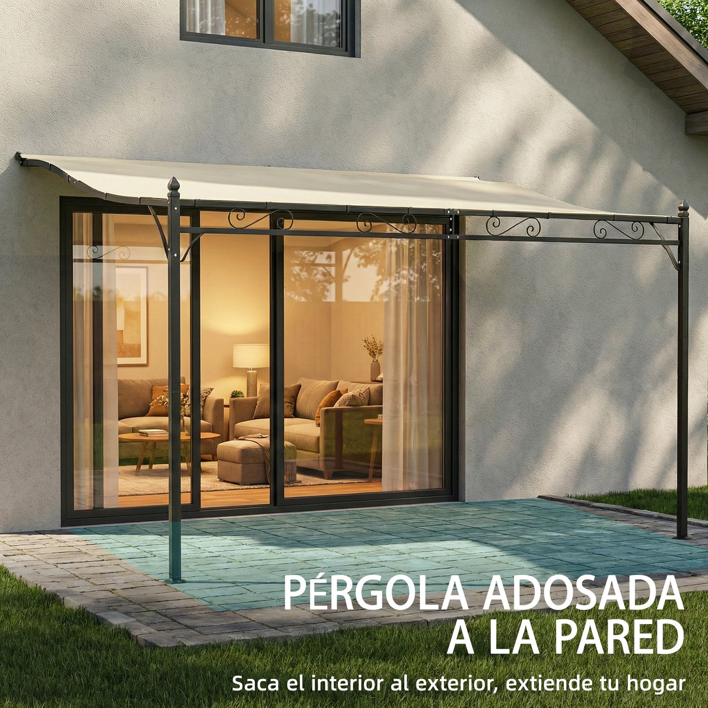 Outsunny Pérgola De Pared 2,5x3,5 M Con Techo Inclinado Marco Metálico Crema_5