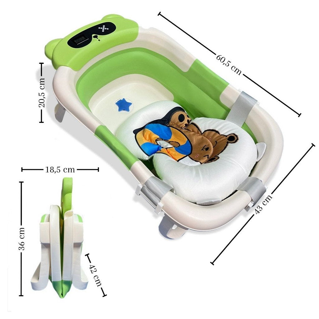 Bañera Plegable Para Bebés, Cojín Oso, Termómetro, Patas Antideslizantes (verde Oso) Bathby_5
