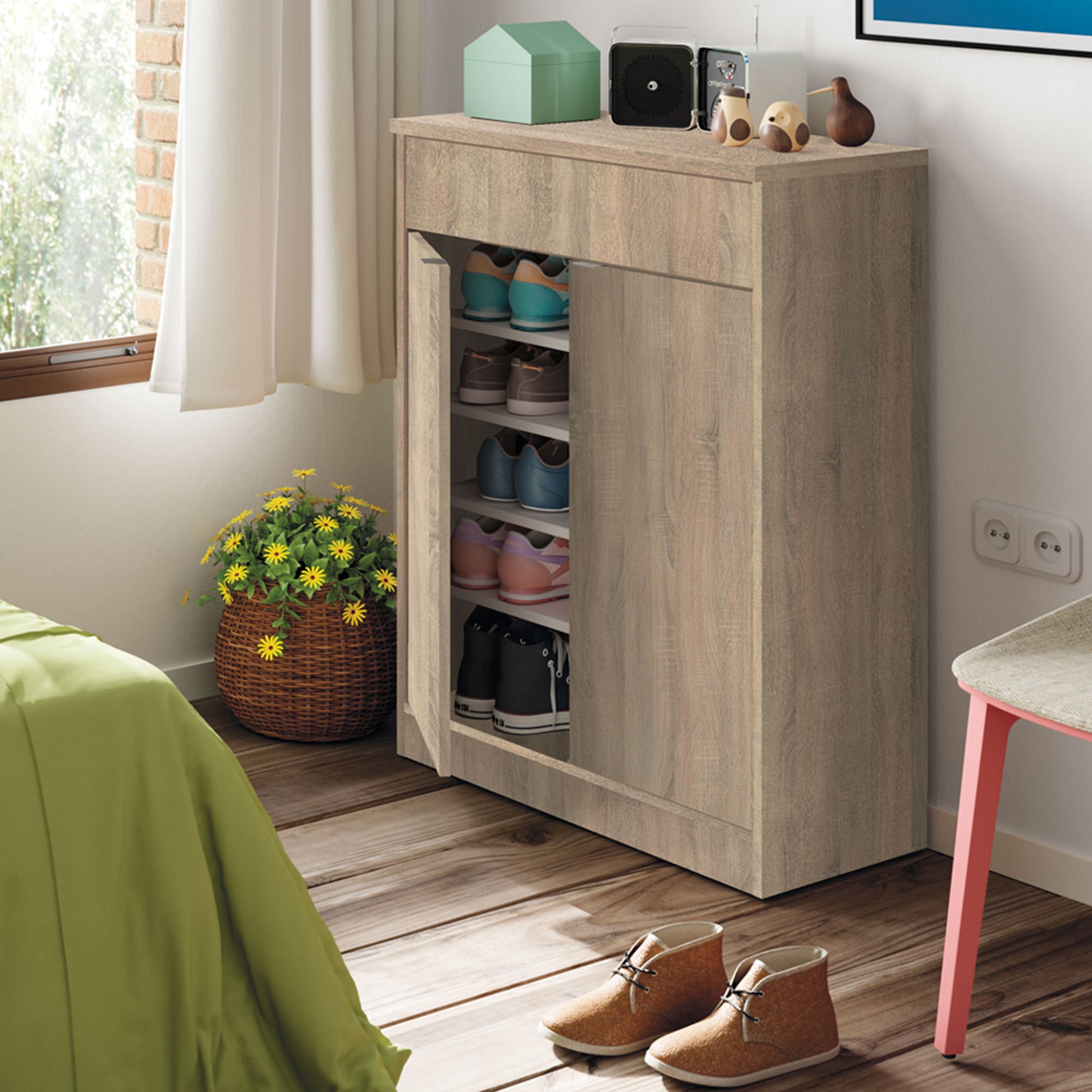 Zapatero Entrada Recibidor, Mueble Auxiliar Estrecho Zapatos, 2 Puertas, 1 Cajón 101x75x36 Cm, Briebe, Domus, Madera