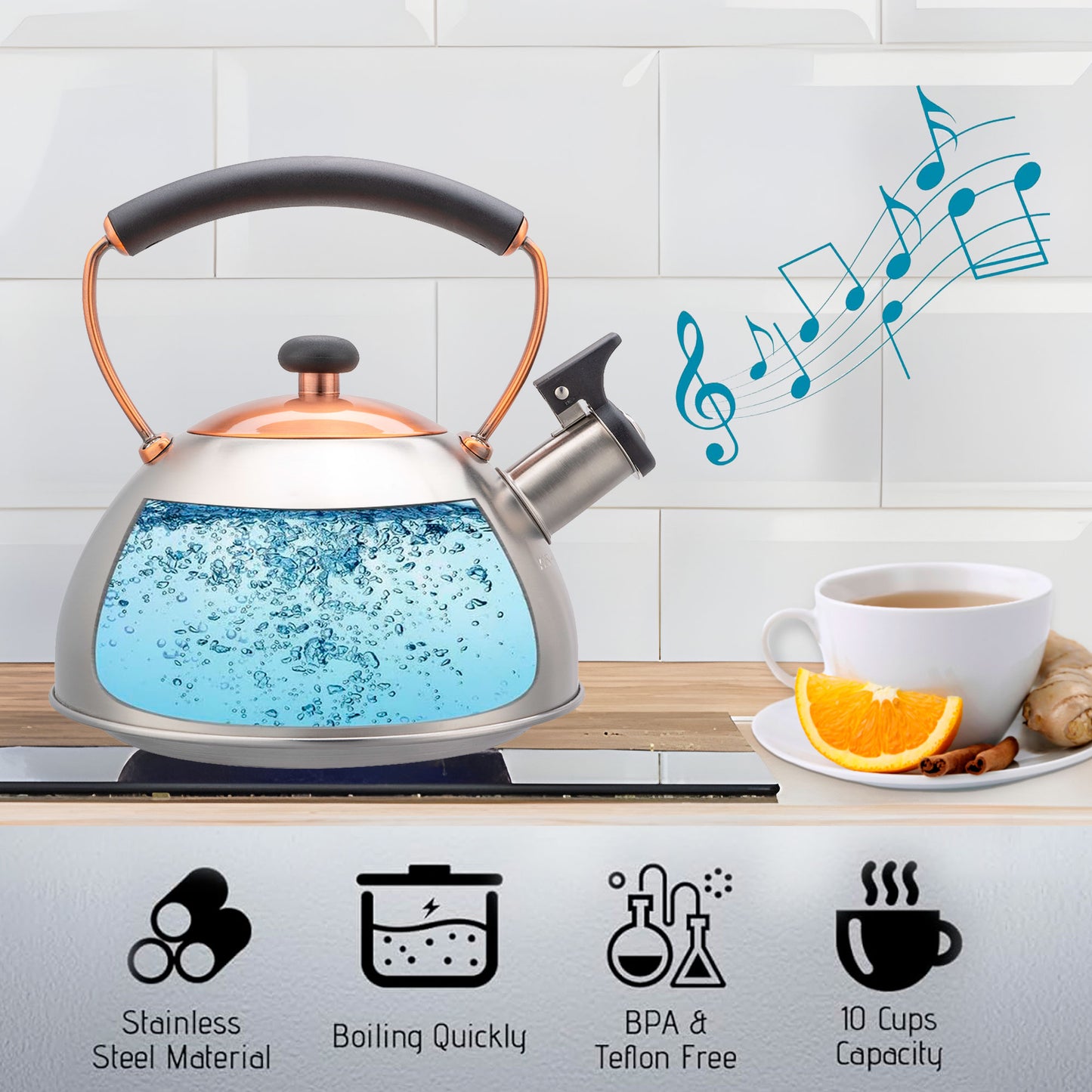 Tetera Con Silbato, Hervidor De Agua 2,5l, Inducción, Acero Inox, Vintage, Mango Cool Touch, Briebe, I-bronze, Acero Inoxidable