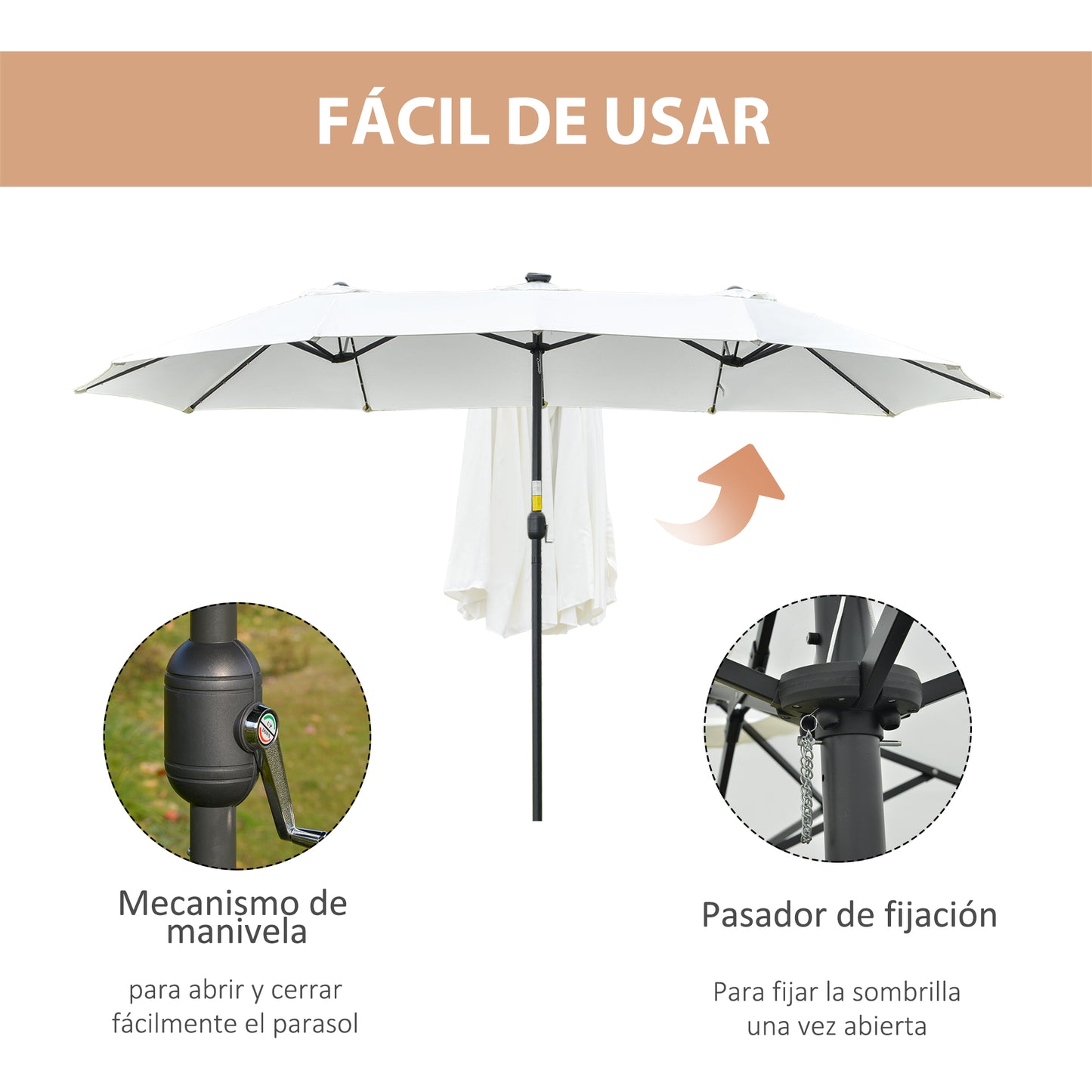 Outsunny Sombrilla Doble De Jardín Con 48 Luces Led Solar 450x265x240 Cm Crema_5