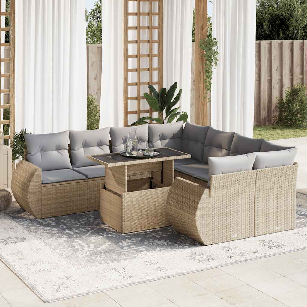 Set De Sofás De Jardín Con Cojines 9 Pzas Ratán Sintético Beige / Vetonek_5