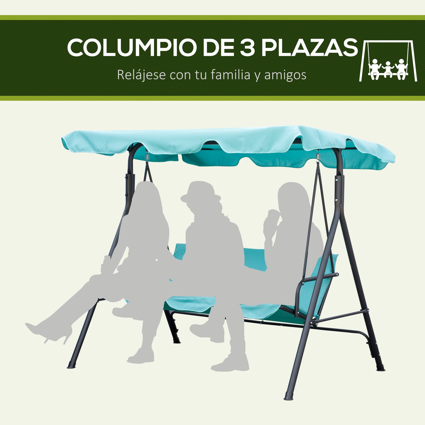 Outsunny Columpio De Jardín 3 Plazas Techo Ajustable 172x110x153cm Verde Azulado_5