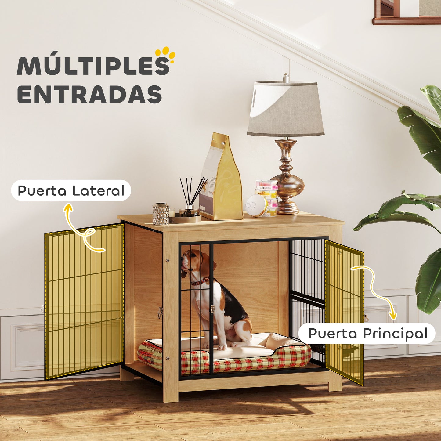 Pawhut Jaula Para Perros Mesa Auxiliar Con Soporte Giratorio Con 2 Tazones Roble_5