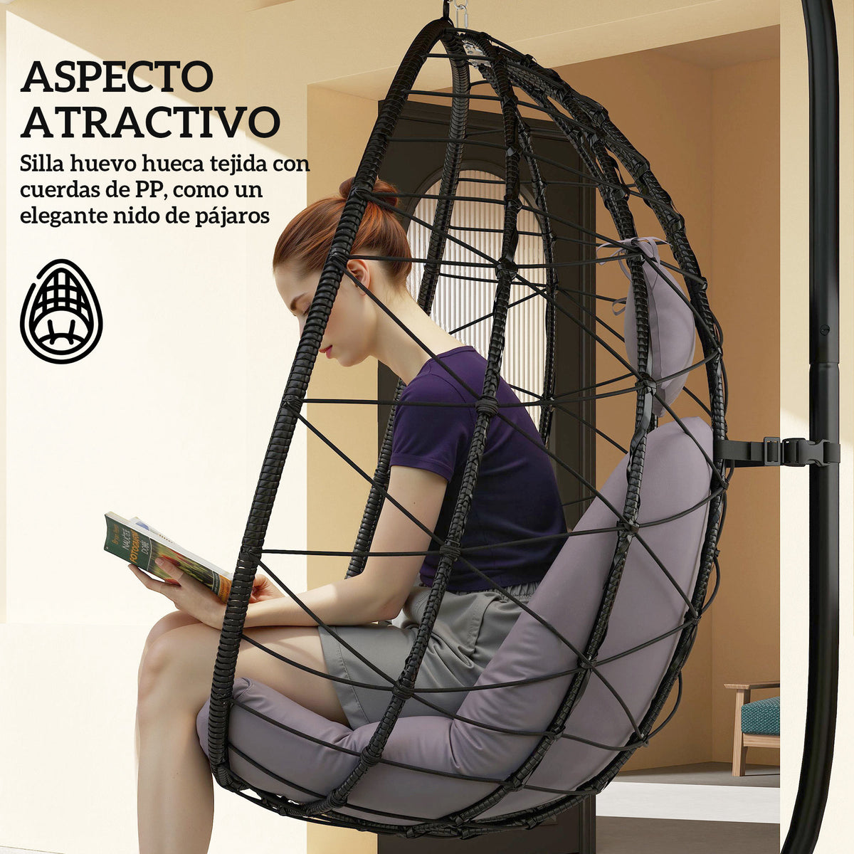 Outsunny Silla Colgante Huevo Con Soporte Con Cesta Plegable Cojín Gris_5