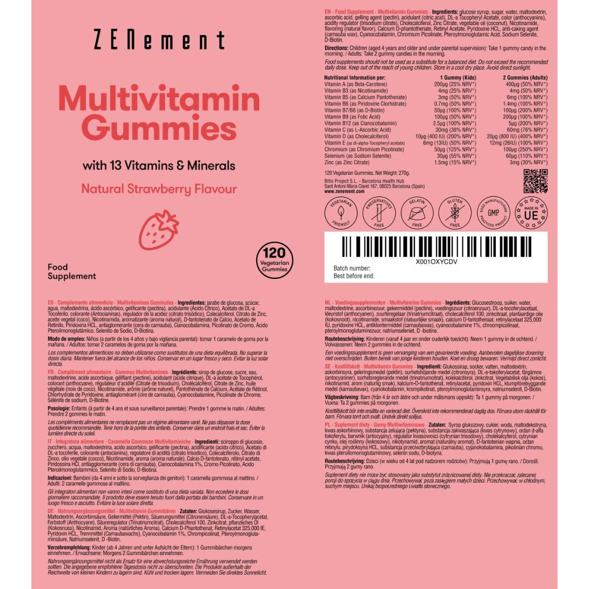 Multivitaminas gominolas, sabor natural a fresa, 120 gominolas