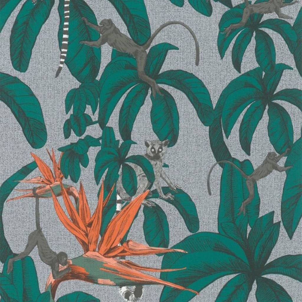 Noordwand Papel De Pared Topchic Monkey Jungle Leaves Verde Y Gris_1