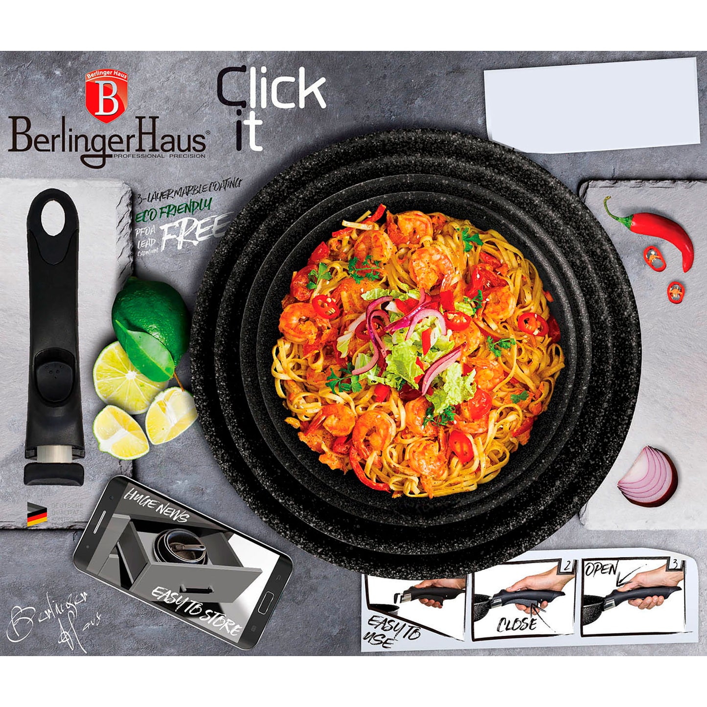 Batería De Cocina Aluminio Forjado 9 Piezas, Inducción, Asa Extraíble, Cazuelas Apilables Tapas Berlinger Haus Moonlight Gris