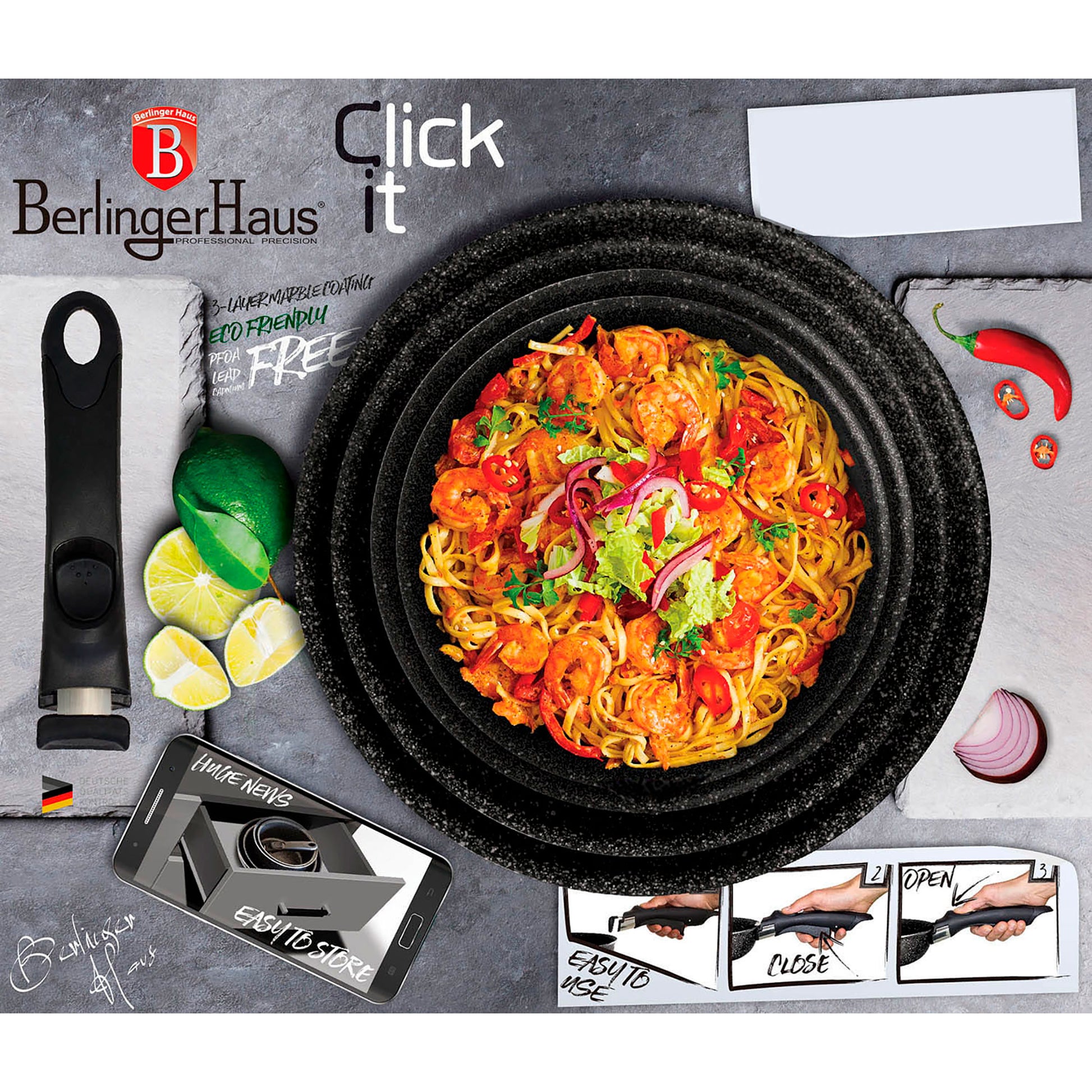 Batería De Cocina Aluminio Forjado 9 Piezas, Inducción, Asa Extraíble, Cazuelas Apilables Tapas Berlinger Haus Moonlight Gris