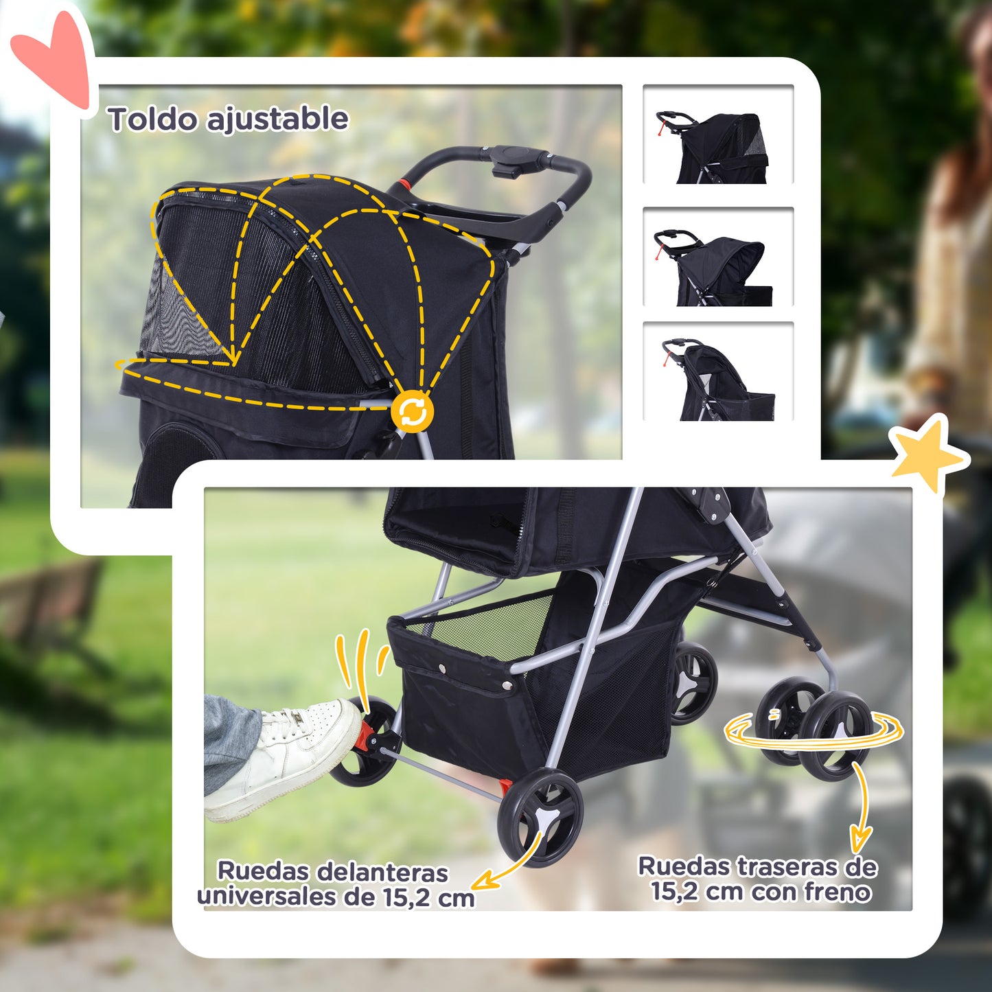 Pawhut Cochecito Para Mascotas Plegable Con Toldo Ajustable 77x45x99,5 Cm Negro_5