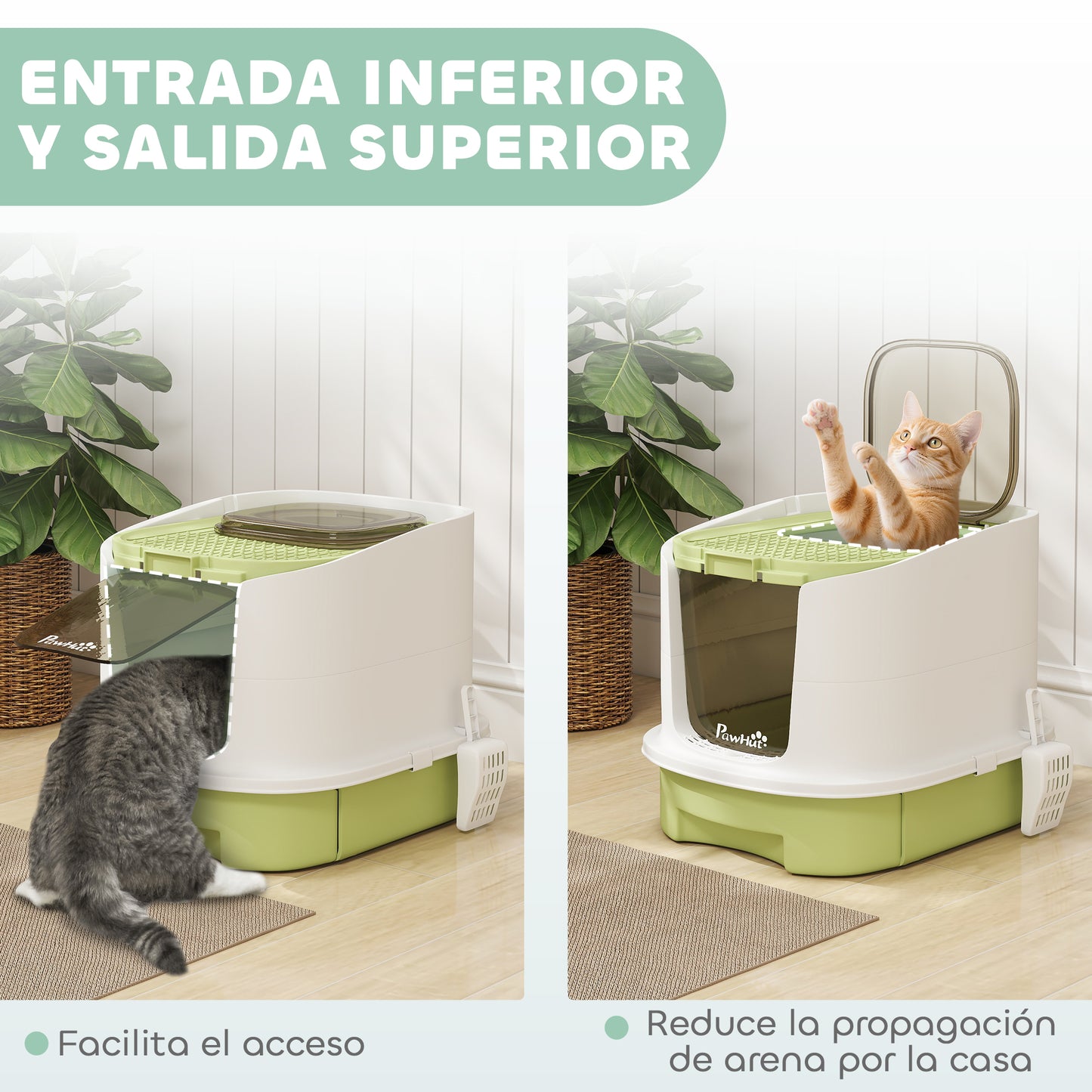 Pawhut Arenero Para Gatos Cubierto Con Bandeja Extraíble Y Pala Blanco Y Verde_5