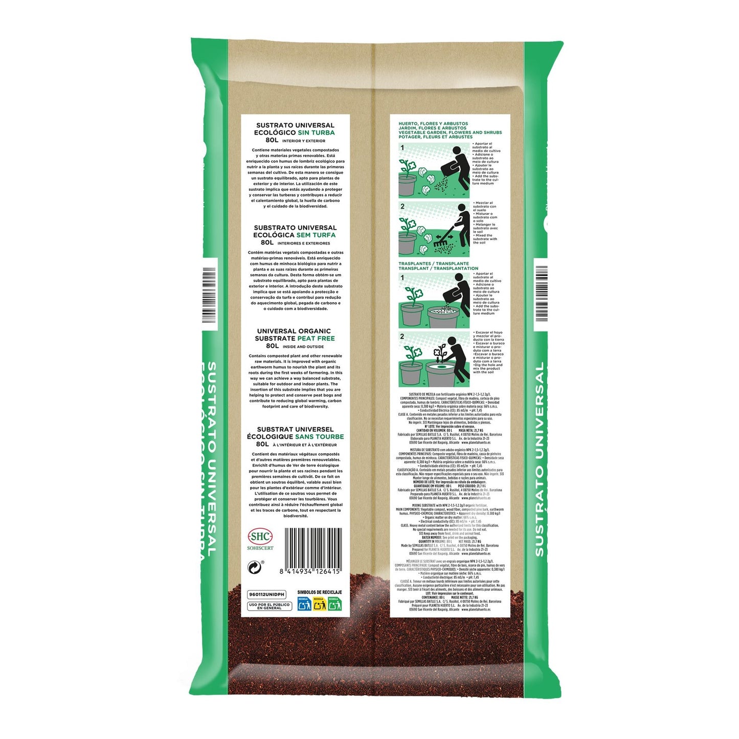 Sustrato Universal Sin Turba ECO Planeta Huerto 80 L