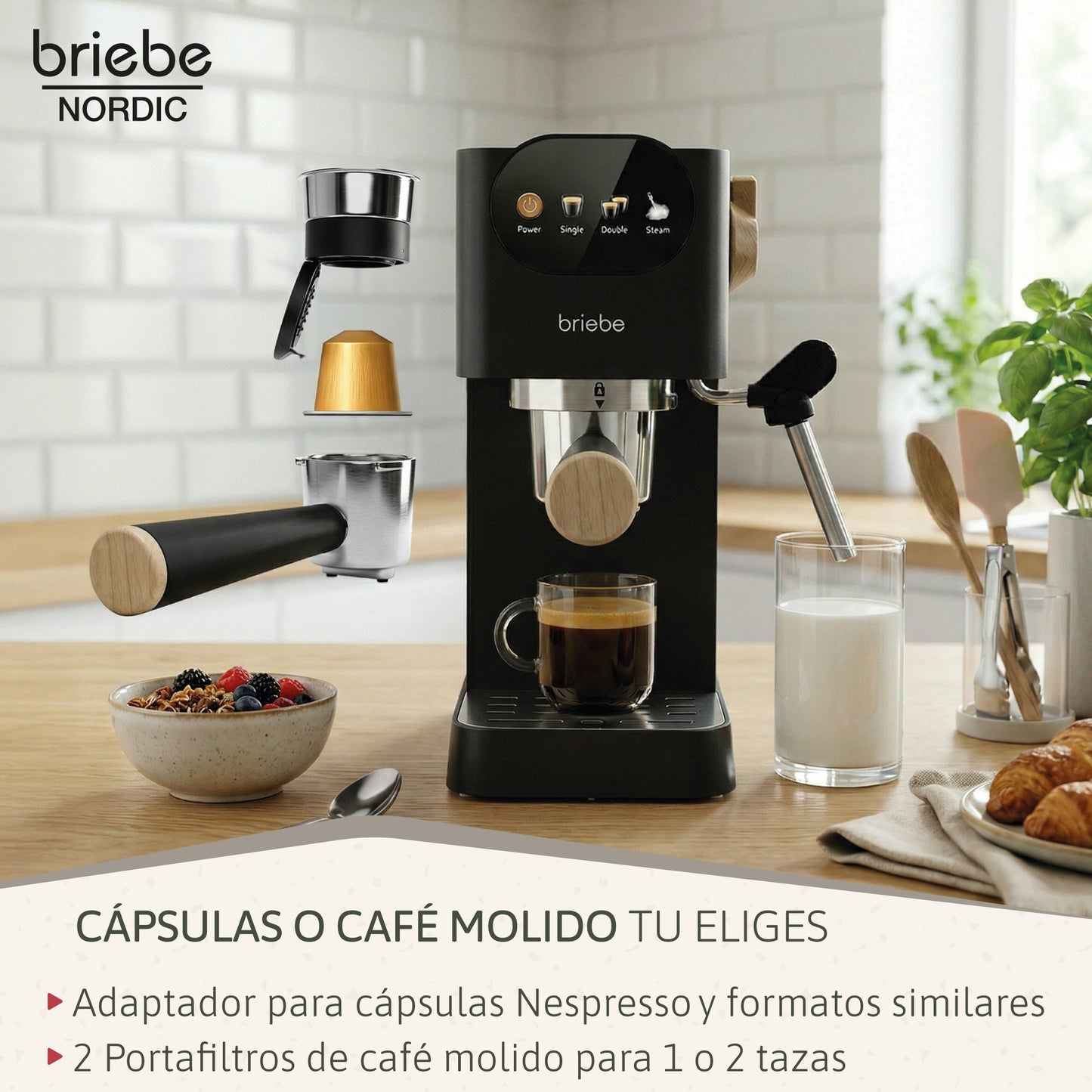 Briebe Nordic Set Cafetera 20 Bares Cápsulas, Café Molido Espumador Leche Tostadora 2 Rebanadas Anchas,skt1221blk,negro_5
