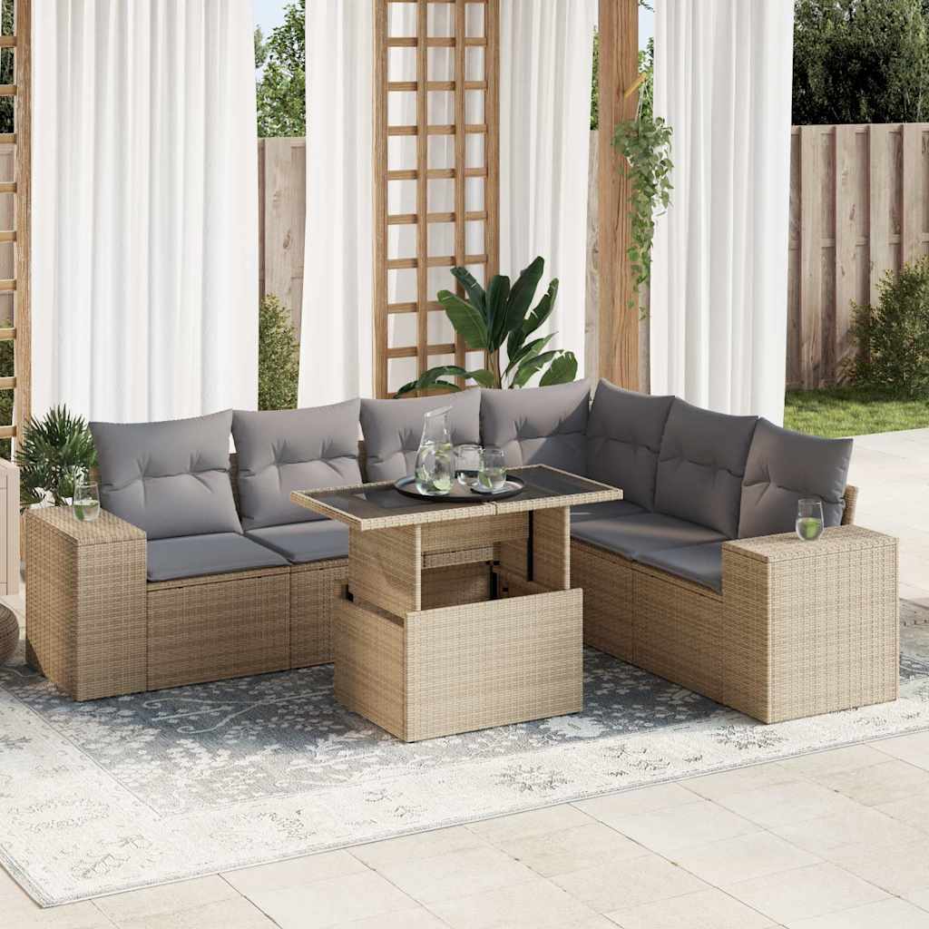 Set Sofás De Jardín 7 Piezas Y Cojines Ratán Sintético Beige / Vetonek_5