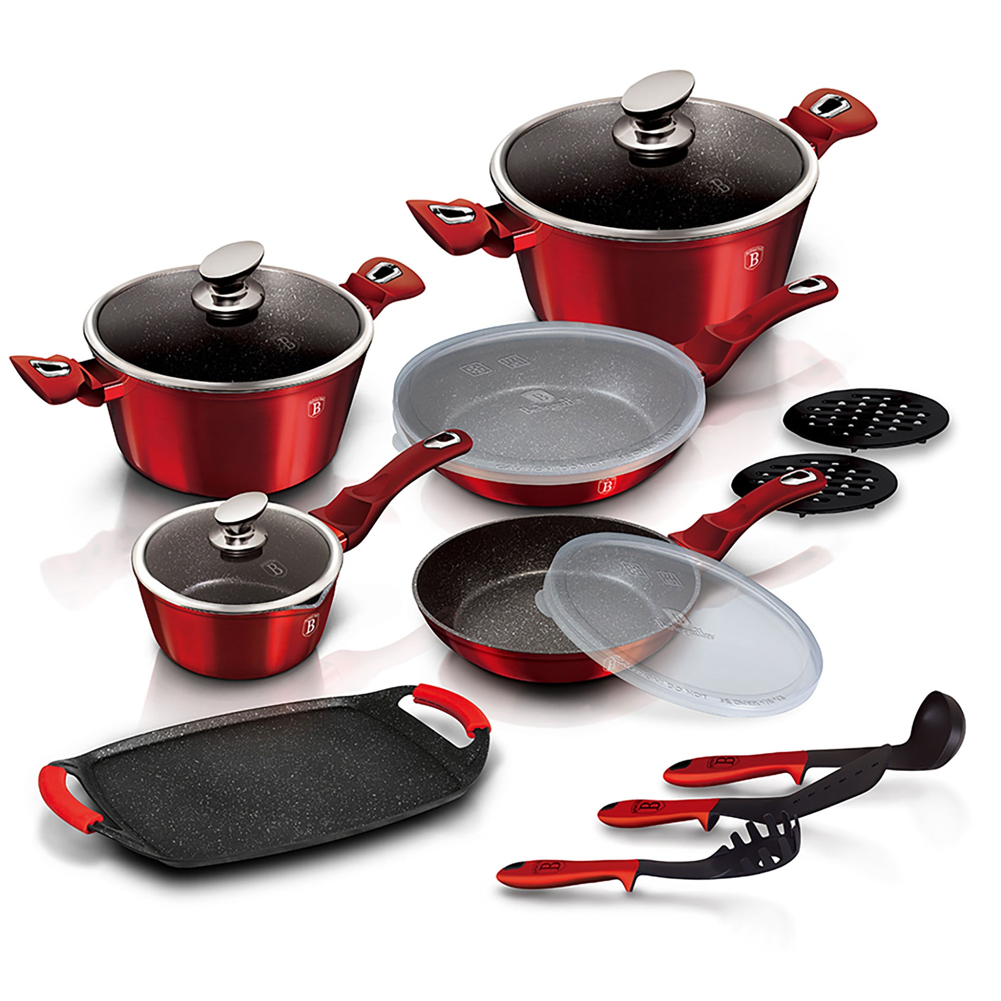 Batería Cocina Inducción 14 Piezas, Antiadherente Sin Pfoa, Aluminio, Cazuelas Sartenes Plancha Berlinger Haus Burgundy Rojo