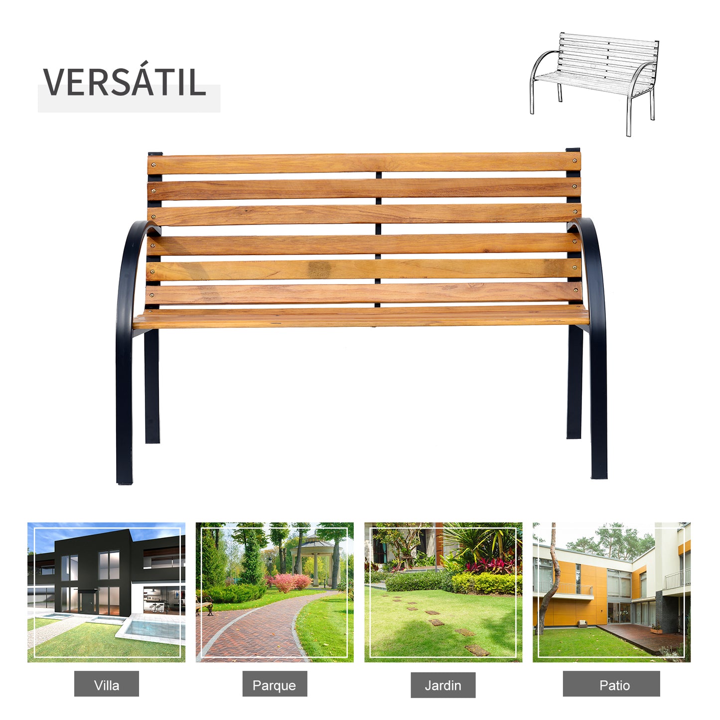 Outsunny Banco De Jardín De 2 Plazas 122x60x83 Cm Con Respaldo Y Apoyabrazos_5