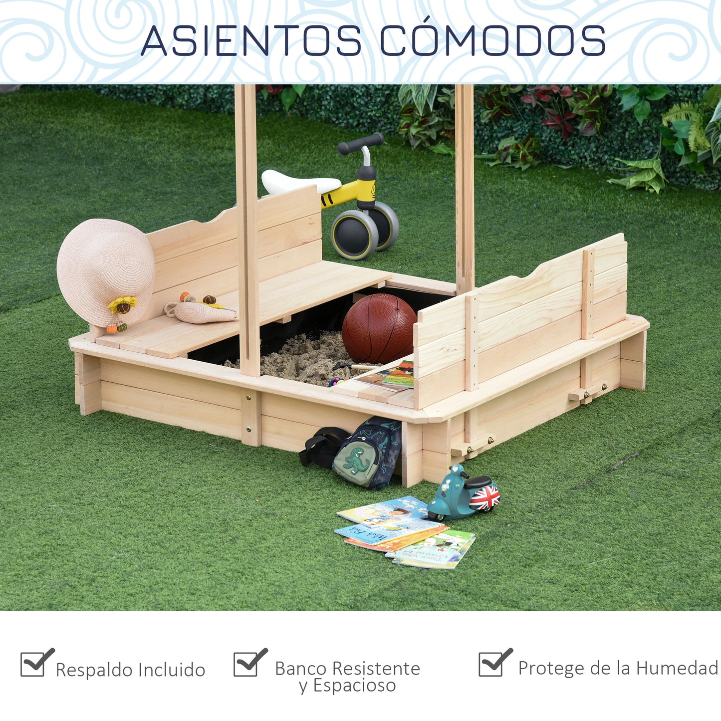 Outsunny Arenero Para Niños De Madera Con Toldo Ajustable 106x106x115 Cm_5