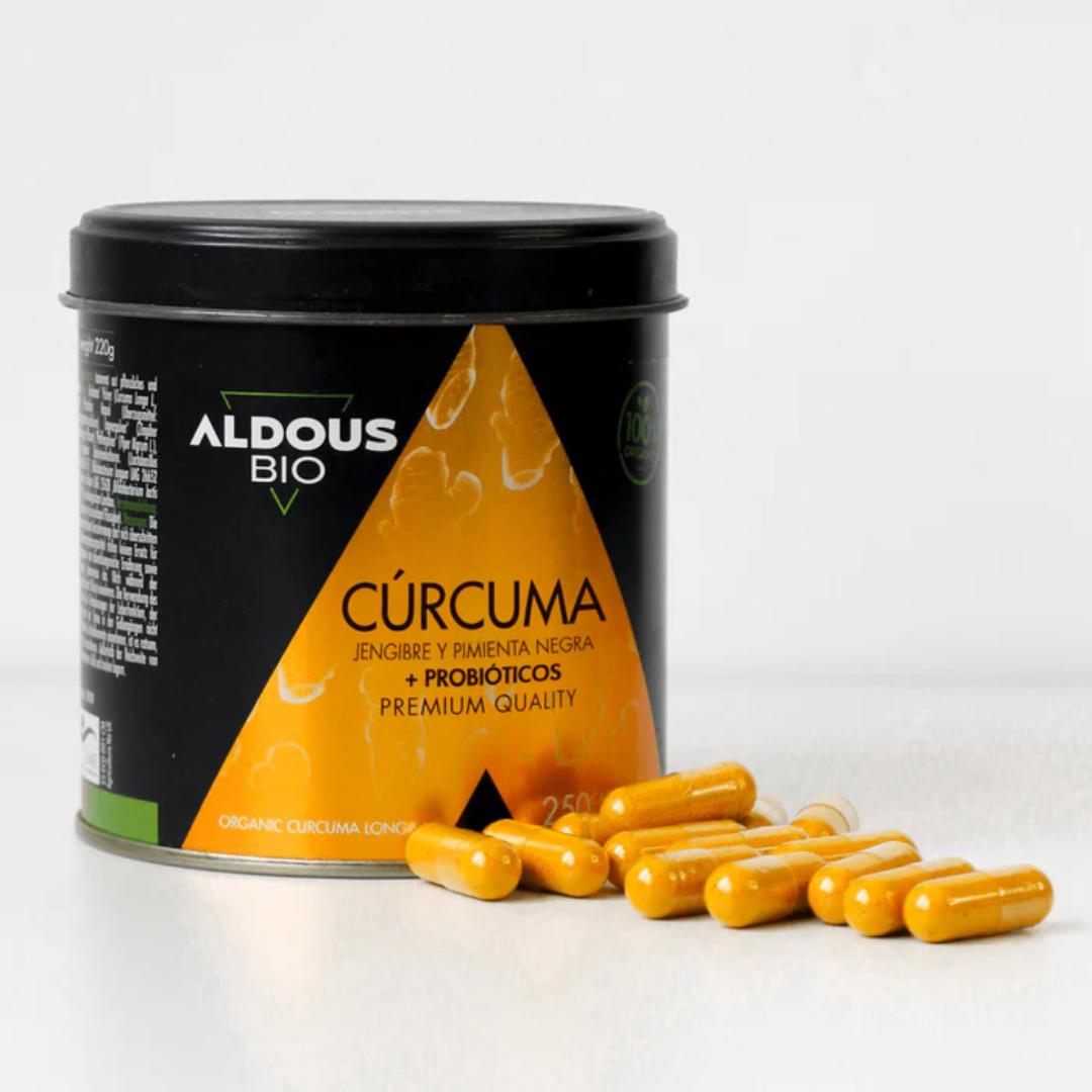 Cúrcuma Ecológica con Jengibre, Pimienta Negra y Probióticos, 250 cápsulas. Aldous Bio