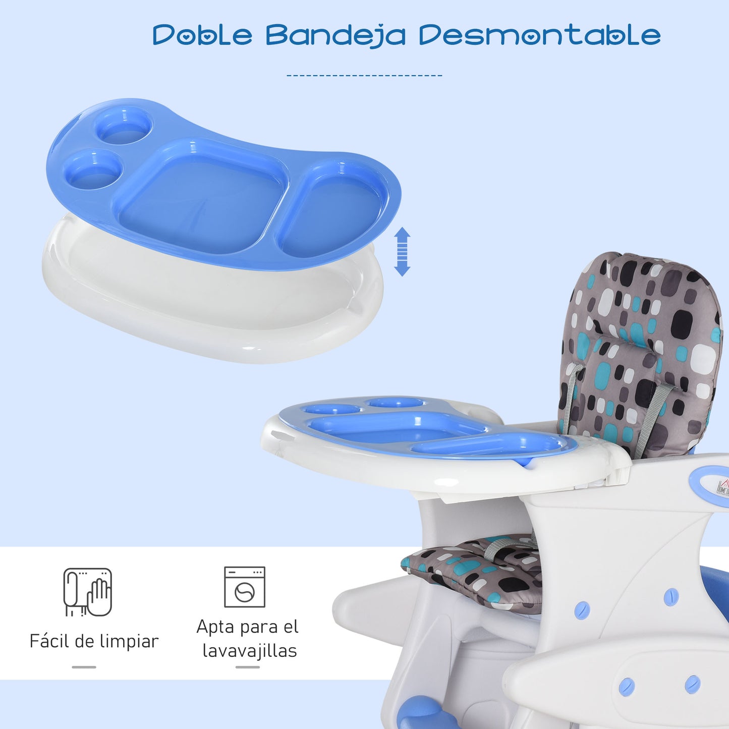 Homcom Trona Para Bebé 3en1 +6 Meses Con 2 Bandejas Extraíbles 57x59x105 Azul_5