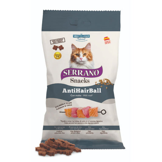 Serrano Snacks AntiHairBall de salmón y atún con malta para gatos 50 g
